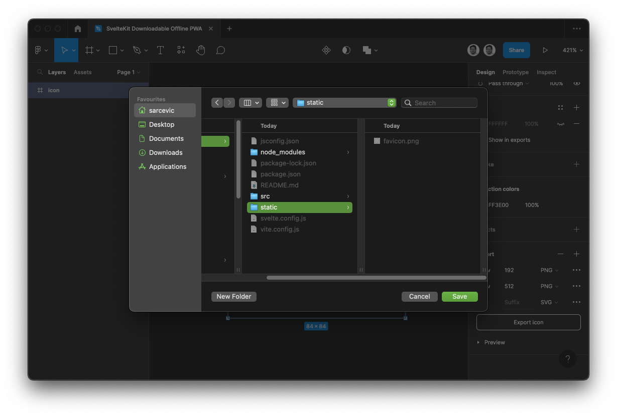 Figma overlayed with a macOS export dialog pointing to the '/static/' folder of the SvelteKit app