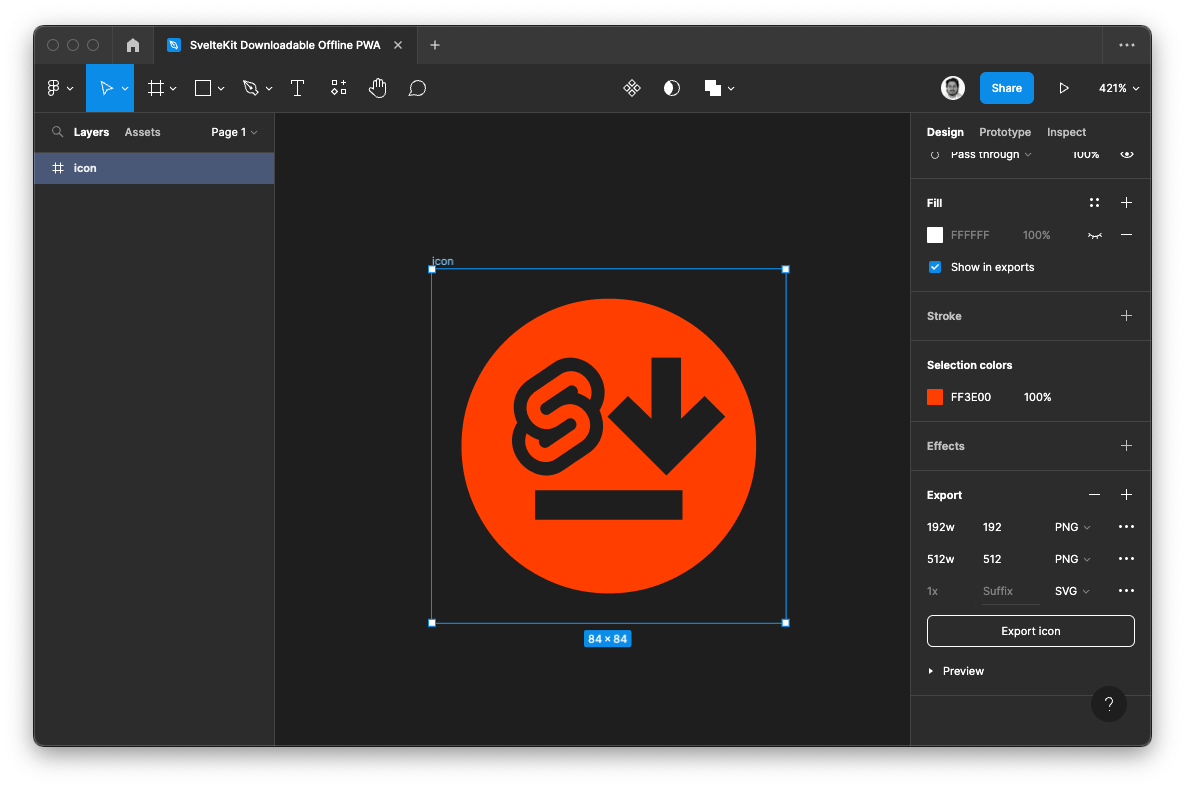 Figma: a frame with an icon focused is focused and the 'Export' section in the bottom of the right panel is shown